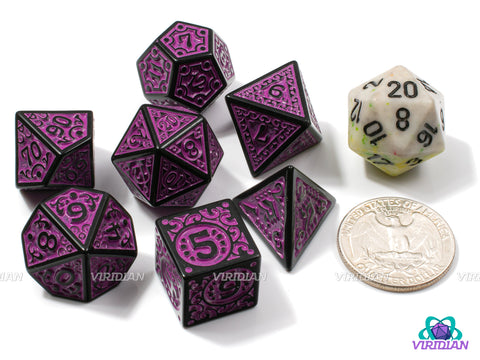 Magenta Flame | Black and Purple Ornate Design | Acrylic Dice Set (7)