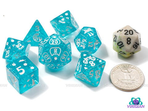 Cyan Kitty | Translucent Blue, White Ink, Cat Themed | Acrylic Dice Set (7)