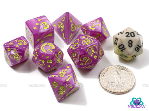 Purple Kitty | Pearled Light Purple, Lime Green, Cat Themed | Acrylic Dice Set (7)