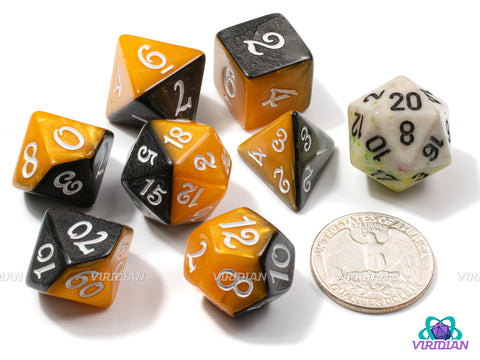 Pumpkin King | Half Orange, Half Grey-Black, Script Font | Acrylic Dice Set (7)