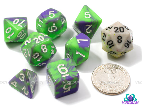 Radical Ooze | Swirled Bright Green and Purple | Acrylic Dice Set (7)