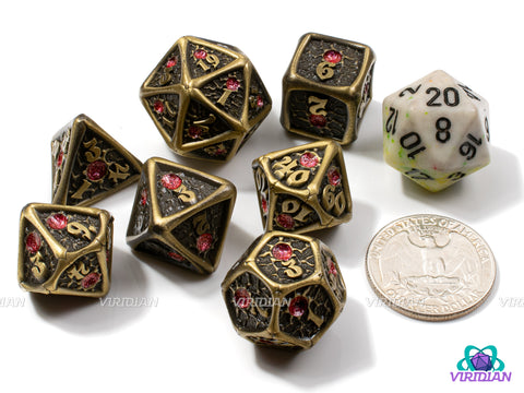 Piercing Shot | Distressed Bronze-Gold, Gunslinger, Flare Design, Light Red Gem | Metal Dice Set (7)