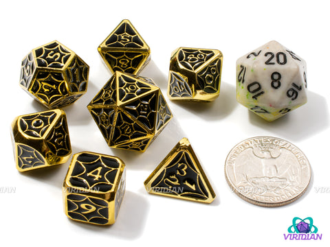 Black Widow | Spider Web Design, Black Enamel, Bright Yellow Gold | Metal Dice Set (7)