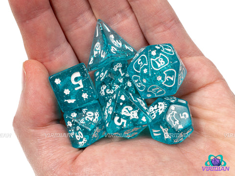 Cyan Kitty | Translucent Blue, White Ink, Cat Themed | Acrylic Dice Set (7)