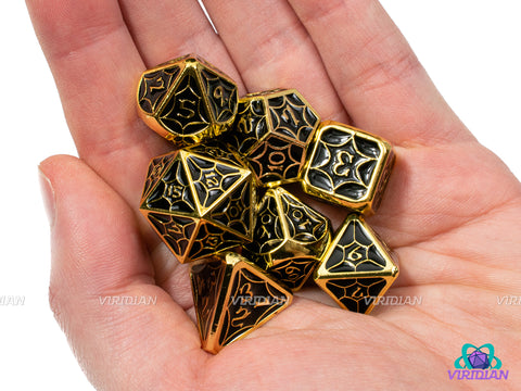 Black Widow | Spider Web Design, Black Enamel, Bright Yellow Gold | Metal Dice Set (7)