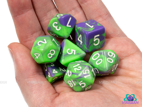 Radical Ooze | Swirled Bright Green and Purple | Acrylic Dice Set (7)