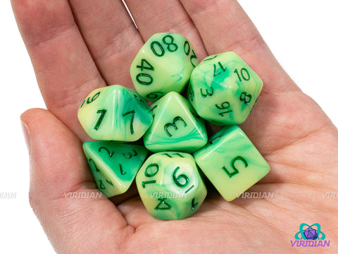 Freshly Mowed | Lime and Light Yellow Swirls, Dark Green Ink | Acrylic Dice Set (7)