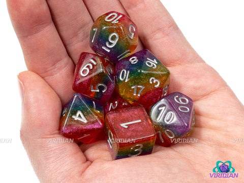 Glitterbomb! | Translucent Rainbow with Shimmery Glitter | Resin Dice Set (7)