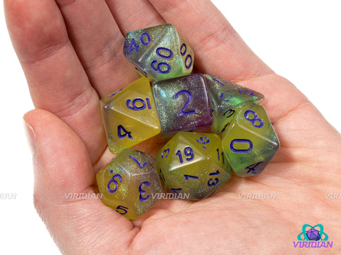 Lavender Lemonade (B-Grade) | Glittery Yellow and Purple Swirl, Purple Ink | Acrylic Dice Set (7)