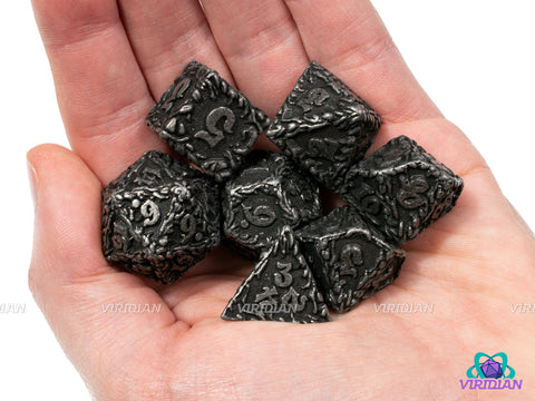 Flesh To Stone | Ornate Leaf Design, Distressed Silver, Dark Grey | Metal Dice Set (7)