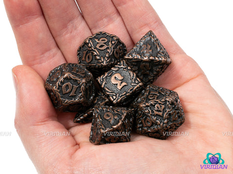 Earth Bind | Ornate Leaf Design, Worn Brown Copper | Metal Dice Set (7)