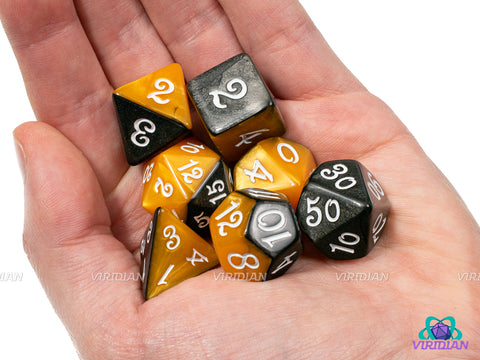 Pumpkin King | Half Orange, Half Grey-Black, Script Font | Acrylic Dice Set (7)