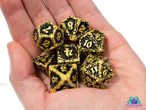 Ensnared | Ornate Leaf Design, Black and Bright Yellow-Gold | Metal Dice Set (7)