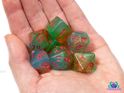 Citrus Surprise | Glittery Teal, Orange and Green Swirl, Red Ink | Acrylic Dice Set (7)