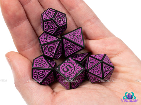 Magenta Flame | Black and Purple Ornate Design | Acrylic Dice Set (7)