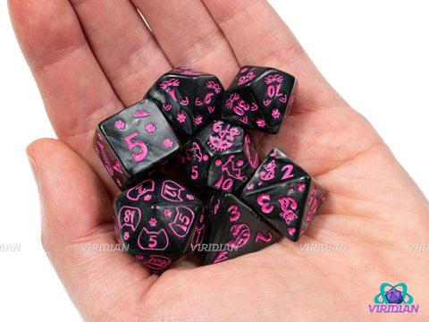 Punk Rock Kitty | Pearled Black, Pink Ink, Cat Themed | Acrylic Dice Set (7)