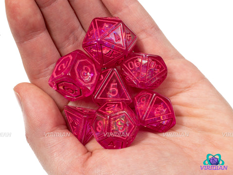 Pink Magic Stone | Hot Pink Translucent, Frame Design, Holographic Film | Resin Dice Set (7)