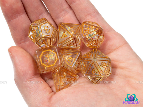 Gold Magic Stone | Clear Transparent, Brown Copper Frame Design, Holographic Film | Resin Dice Set (7)