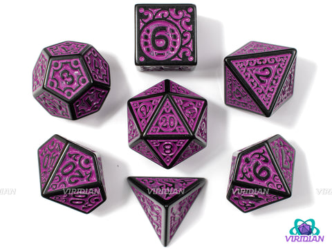 Magenta Flame | Black and Purple Ornate Design | Acrylic Dice Set (7)