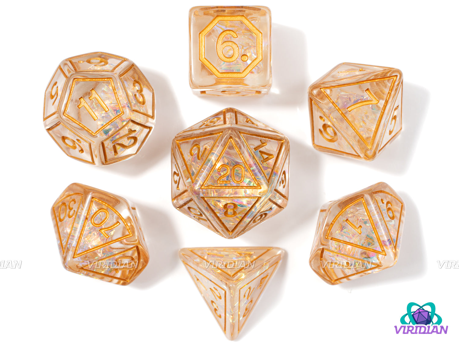 Gold Magic Stone | Clear Transparent, Brown Copper Frame Design, Holographic Film | Resin Dice Set (7)