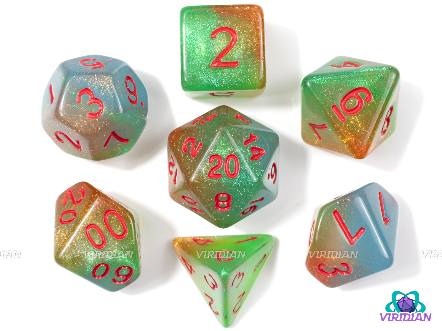 Citrus Surprise | Glittery Teal, Orange and Green Swirl, Red Ink | Acrylic Dice Set (7)