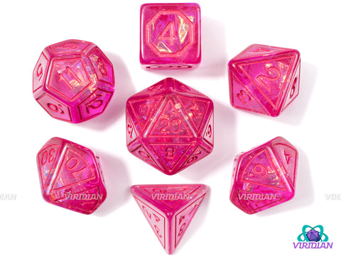 Pink Magic Stone | Hot Pink Translucent, Frame Design, Holographic Film | Resin Dice Set (7)