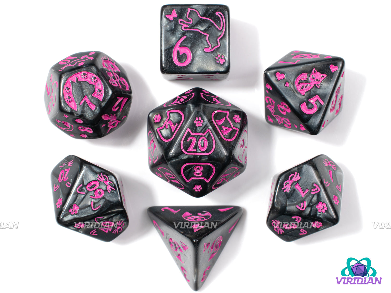 Punk Rock Kitty | Pearled Black, Pink Ink, Cat Themed | Acrylic Dice Set (7)