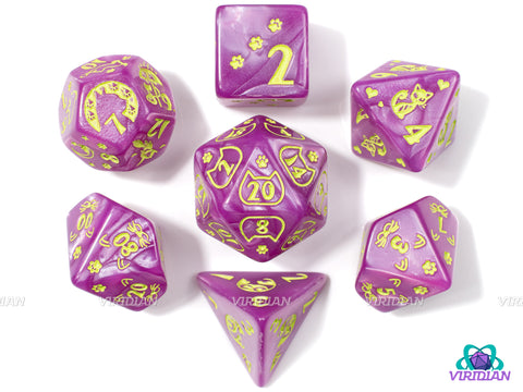 Purple Kitty | Pearled Light Purple, Lime Green, Cat Themed | Acrylic Dice Set (7)