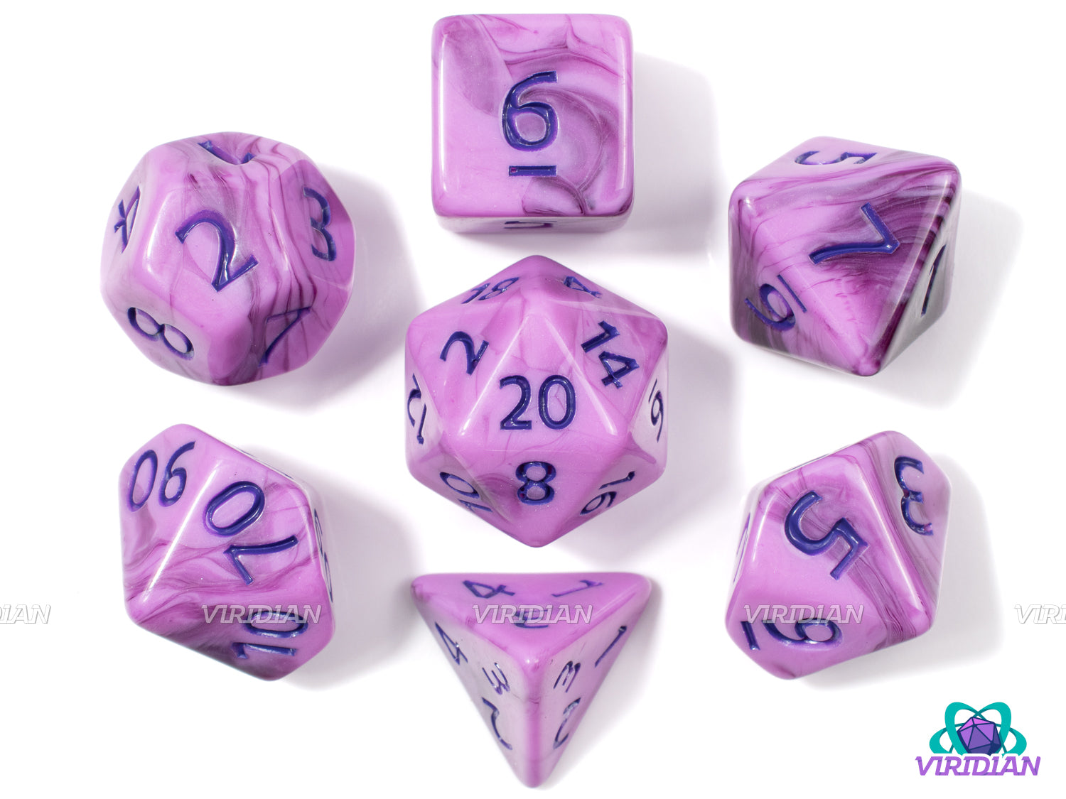 Mixed Berry | Violet and Lilac-Pink Swirls, Dark Purple Ink | Acrylic Dice Set (7)