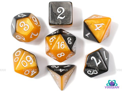 Pumpkin King | Half Orange, Half Grey-Black, Script Font | Acrylic Dice Set (7)