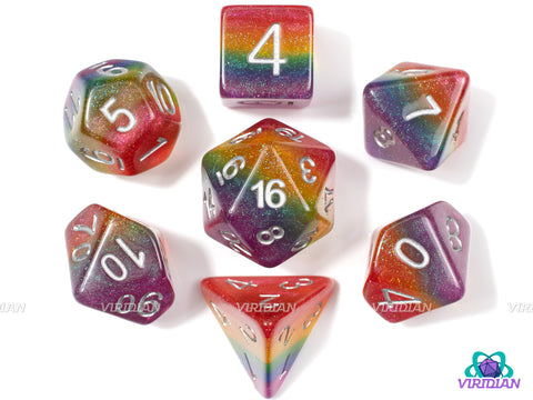 Glitterbomb! | Translucent Rainbow with Shimmery Glitter | Resin Dice Set (7)