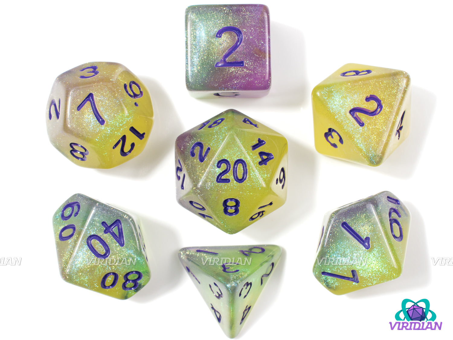 Lavender Lemonade (B-Grade) | Glittery Yellow and Purple Swirl, Purple Ink | Acrylic Dice Set (7)