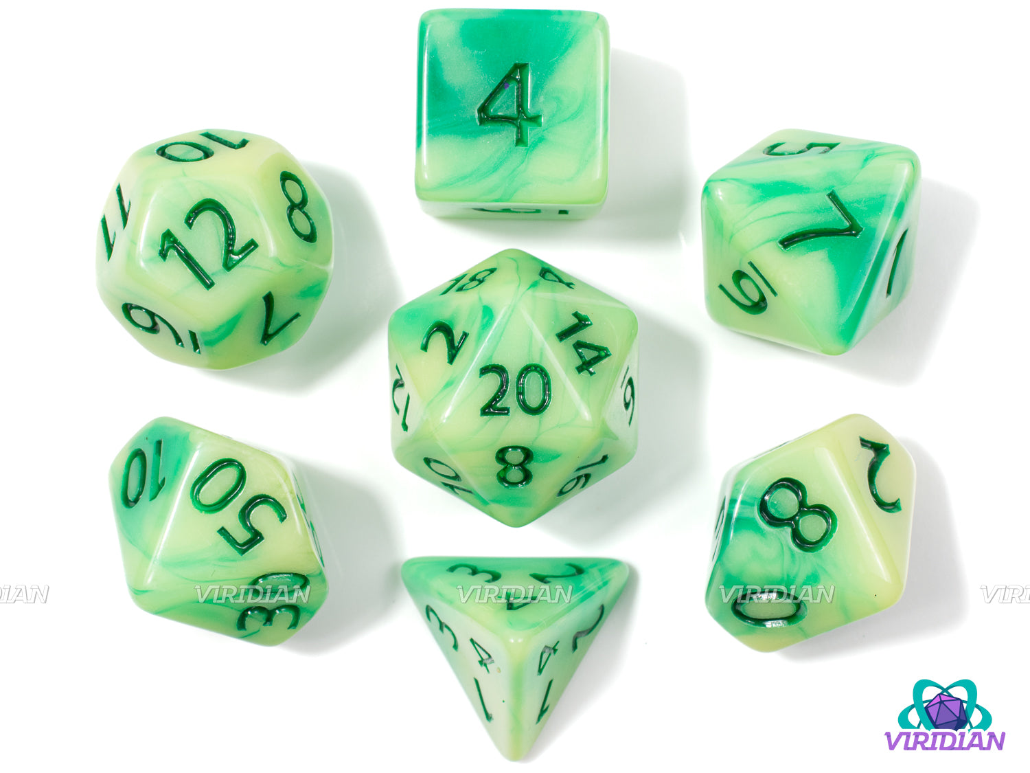 Freshly Mowed | Lime and Light Yellow Swirls, Dark Green Ink | Acrylic Dice Set (7)