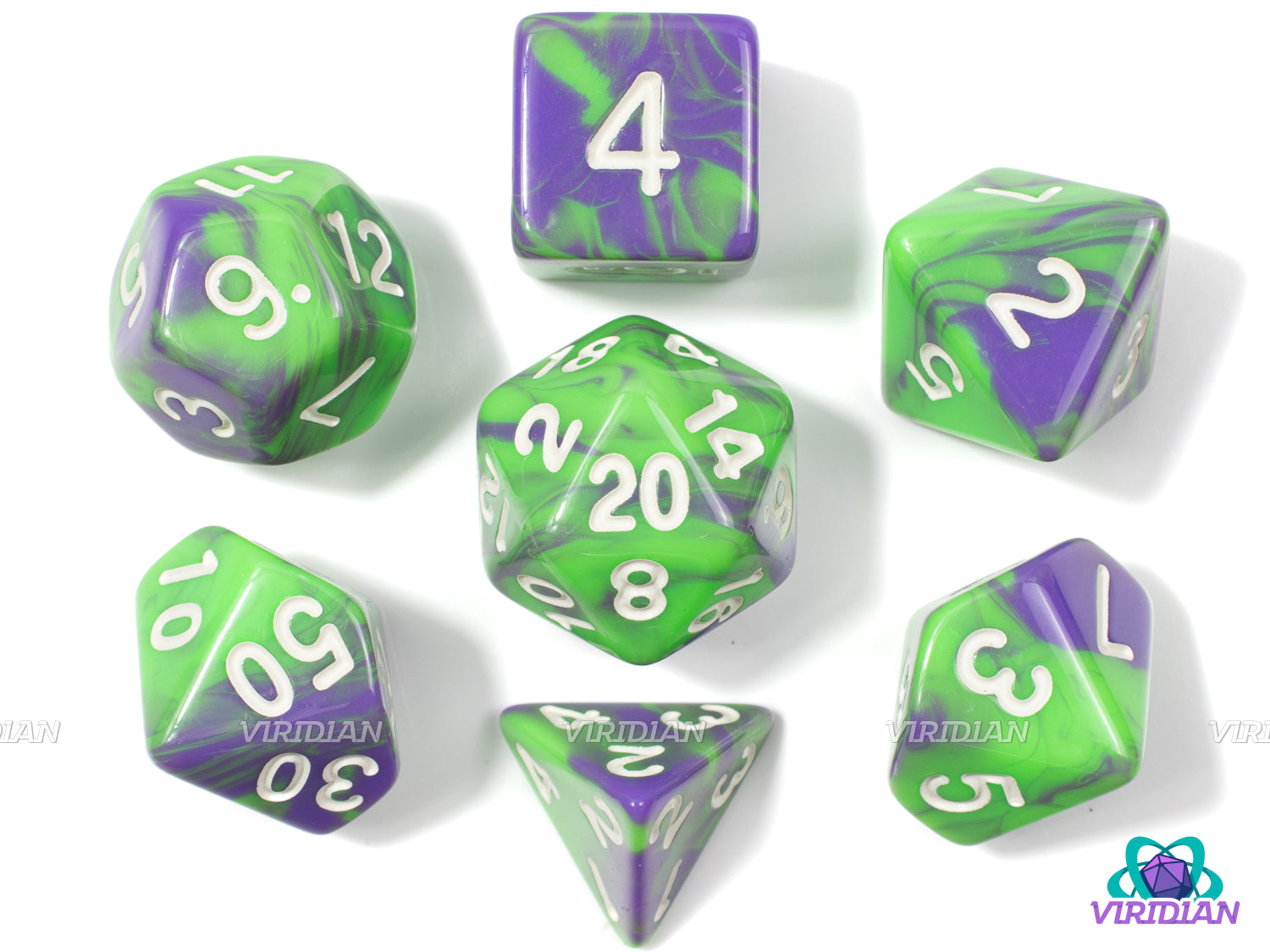 Radical Ooze | Swirled Bright Green and Purple | Acrylic Dice Set (7)