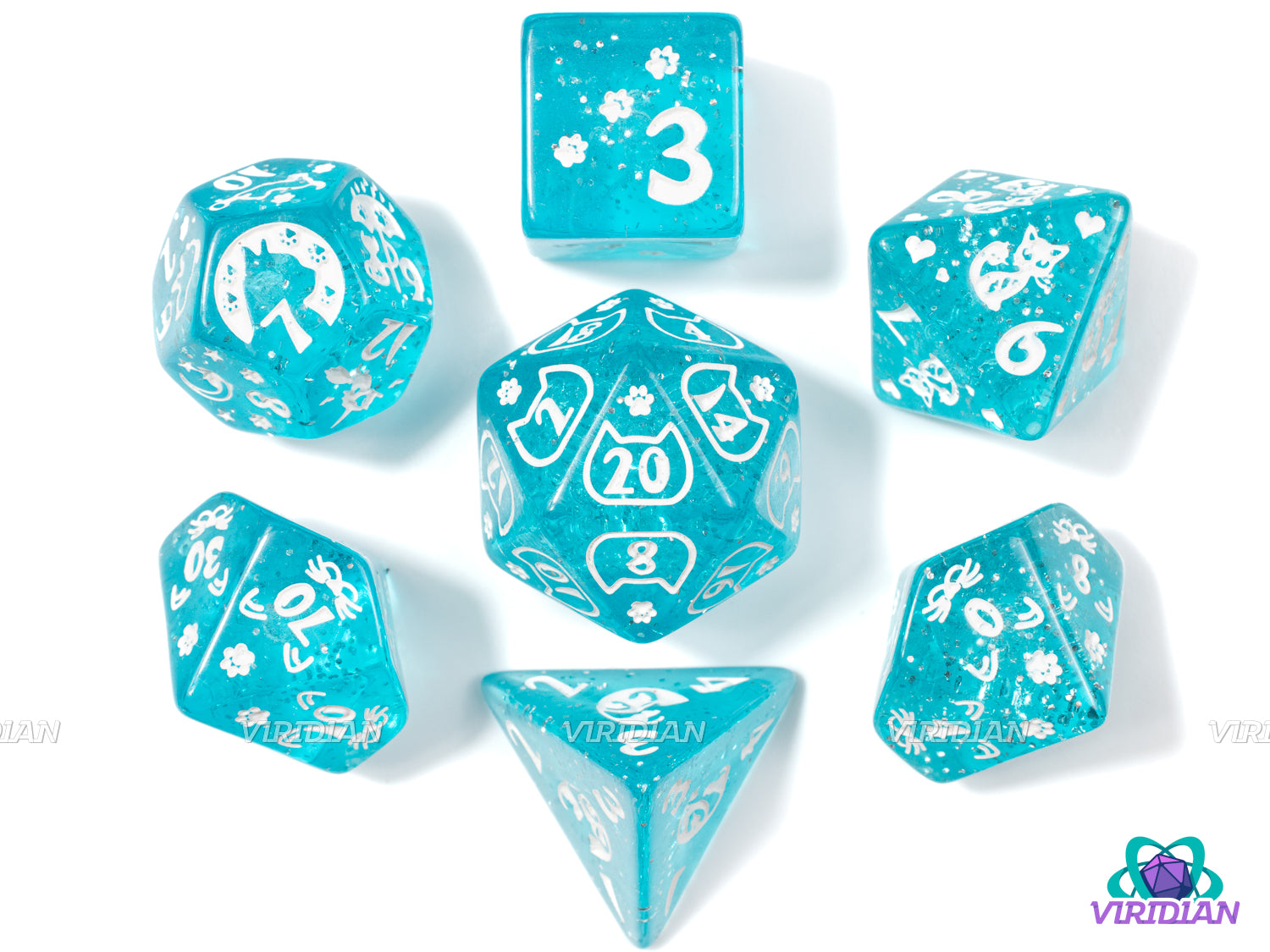 Cyan Kitty | Translucent Blue, White Ink, Cat Themed | Acrylic Dice Set (7)