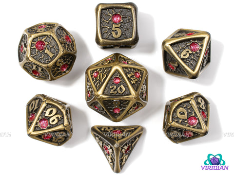 Piercing Shot | Distressed Bronze-Gold, Gunslinger, Flare Design, Light Red Gem | Metal Dice Set (7)