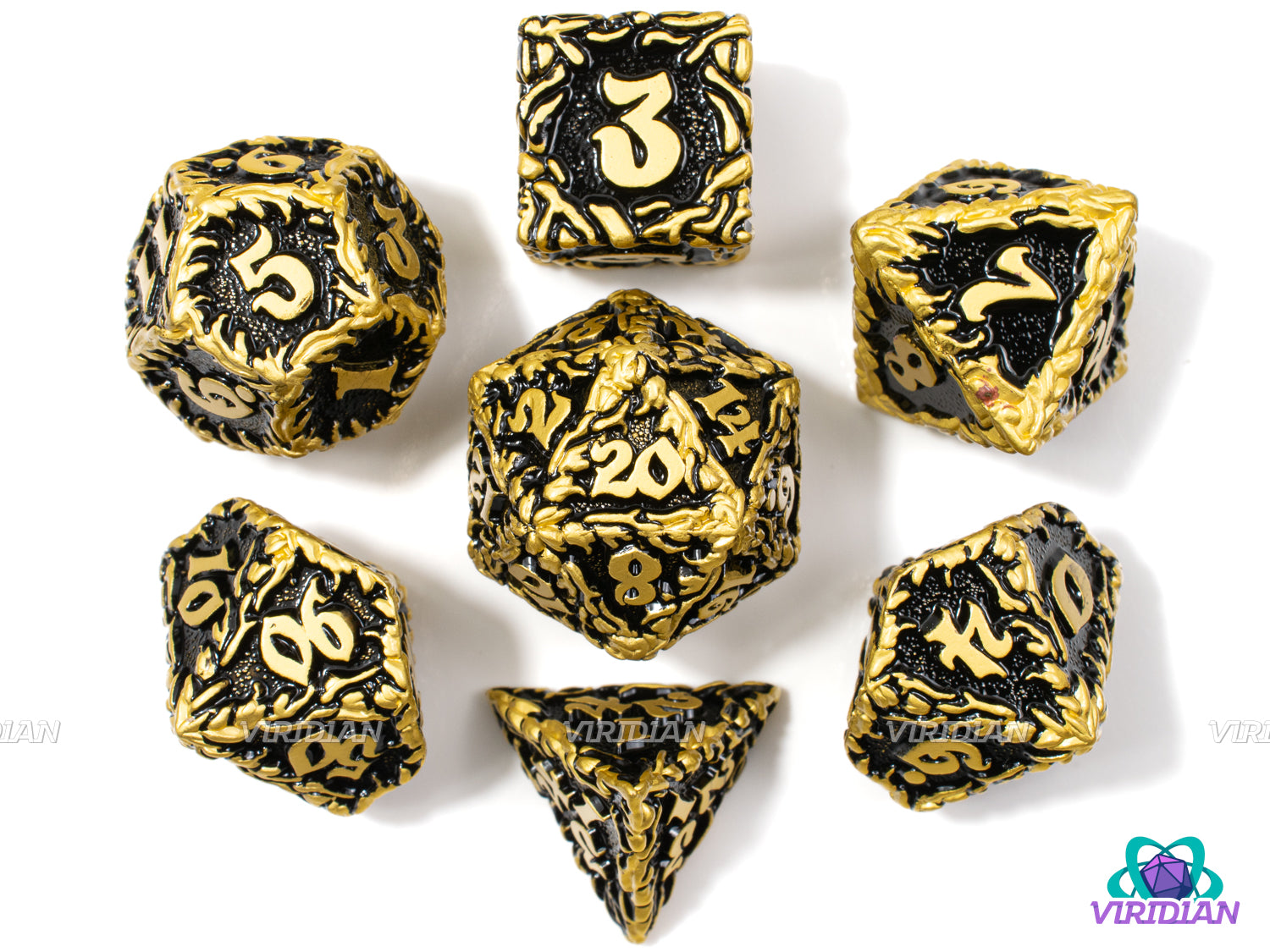 Ensnared | Ornate Leaf Design, Black and Bright Yellow-Gold | Metal Dice Set (7)