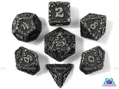 Flesh To Stone | Ornate Leaf Design, Distressed Silver, Dark Grey | Metal Dice Set (7)