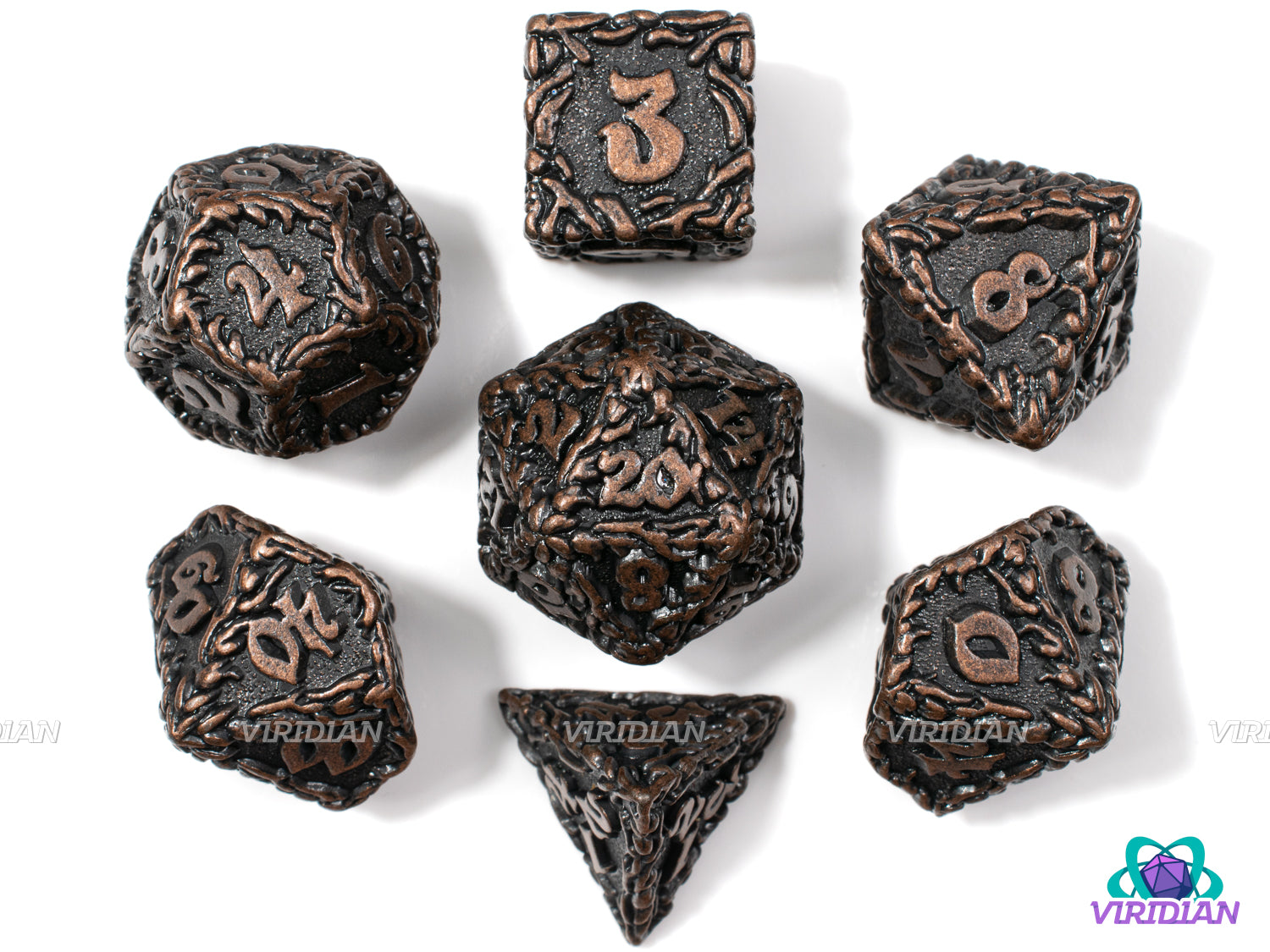 Earth Bind | Ornate Leaf Design, Worn Brown Copper | Metal Dice Set (7)