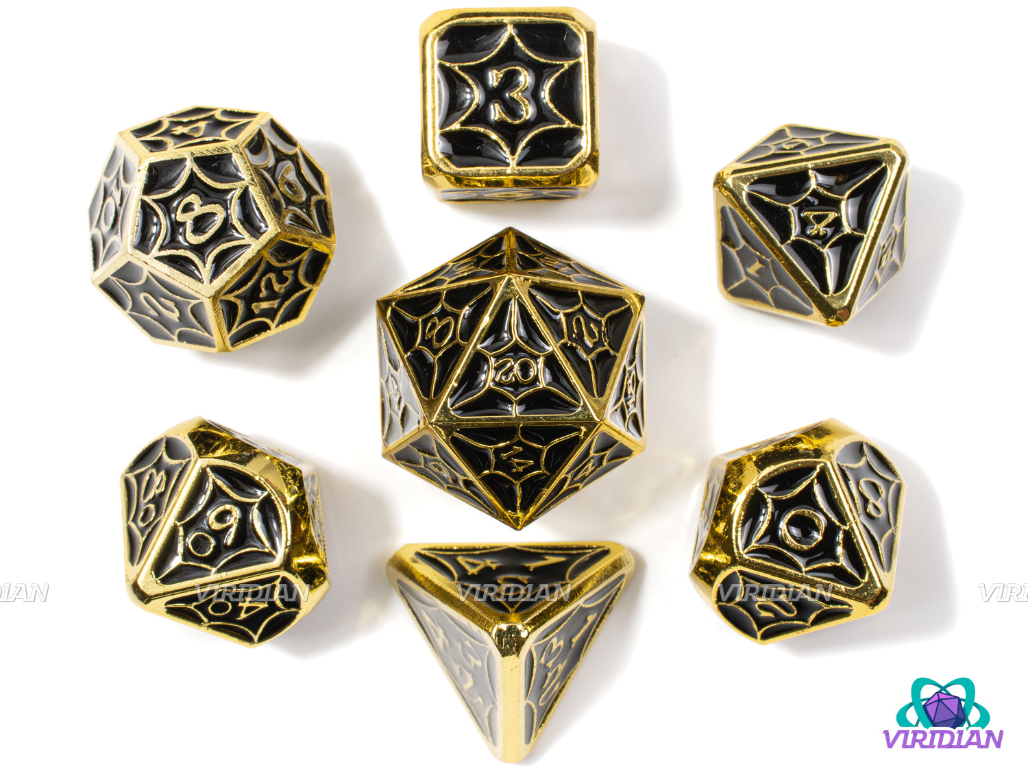 Black Widow | Spider Web Design, Black Enamel, Bright Yellow Gold | Metal Dice Set (7)