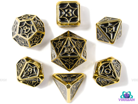 Black Widow | Spider Web Design, Black Enamel, Bright Yellow Gold | Metal Dice Set (7)