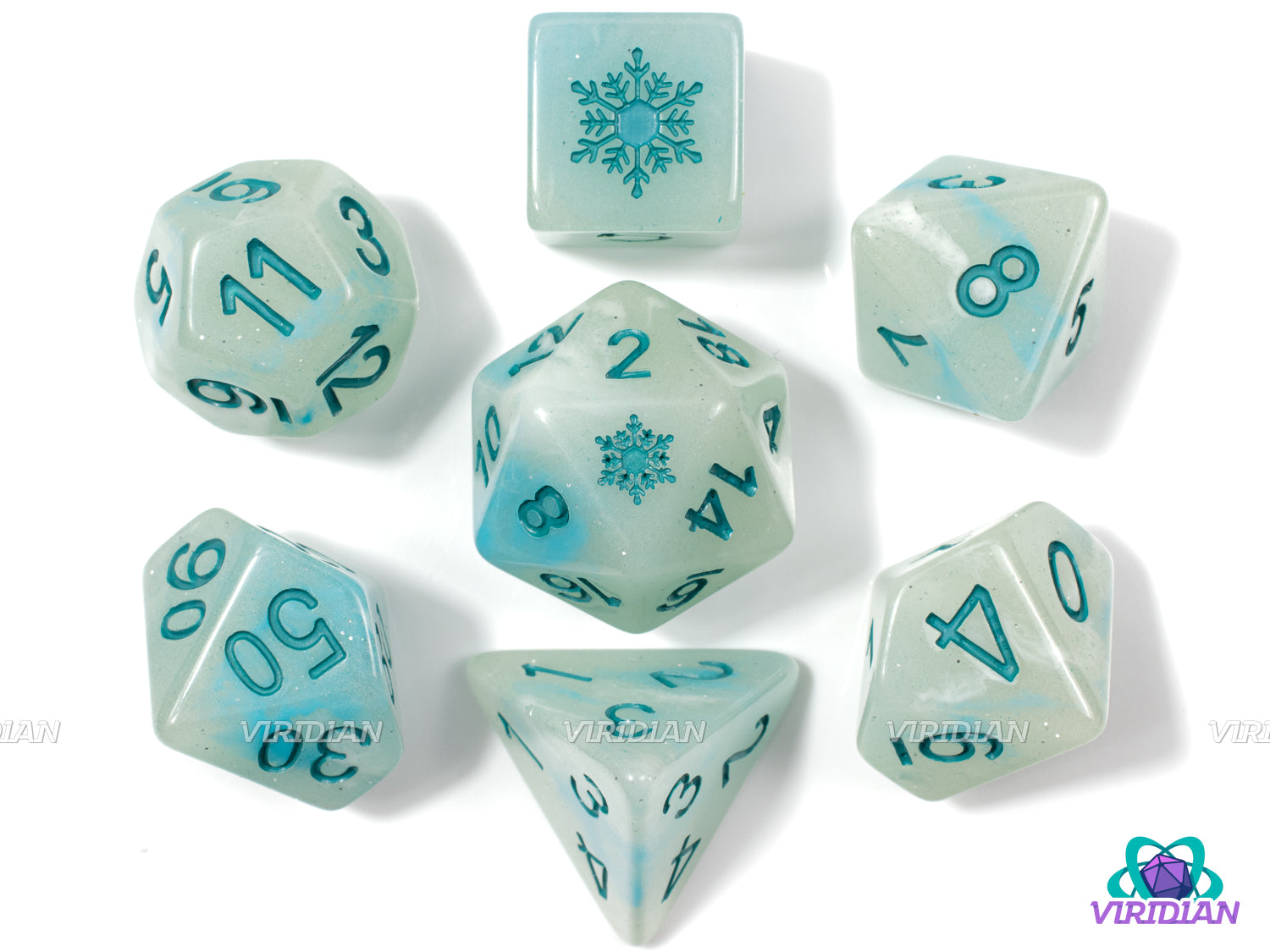 Ice Queen | Frosty Light Blue-Teal and White Swirls, Snowflake Design | Resin Dice Set (7)