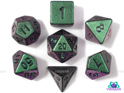 Green-Purple Electroplate (Color Shift) | Shiny Lightweight Dark Green and Purple Color Shift Metallic-Look, Frosted/Matte | Acrylic Dice Set (7)