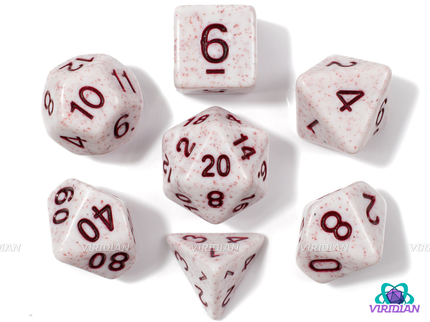 Red Granite | White with Maroon Ink, Light Red-Pink Speckle | Acrylic Dice Set (7)