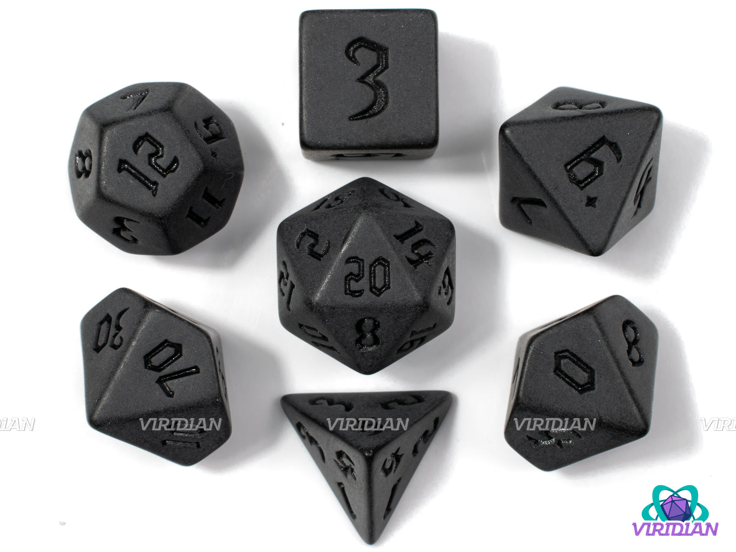 Gothic Abyss | Opaque Matte Dark Gray-Black, Uninked with Stylized Gothic Font | Acrylic Dice Set (7)