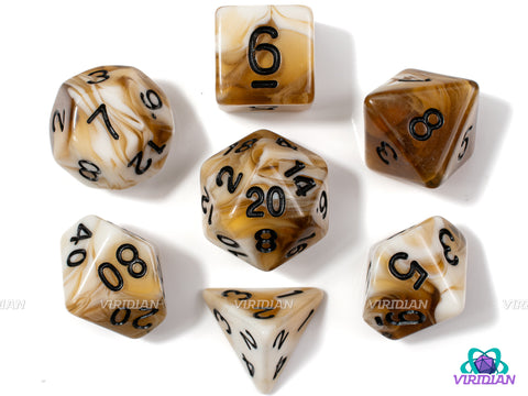 Macchiato | Swirled Cream/Tan, White and Brown | Acrylic Dice Set (7)