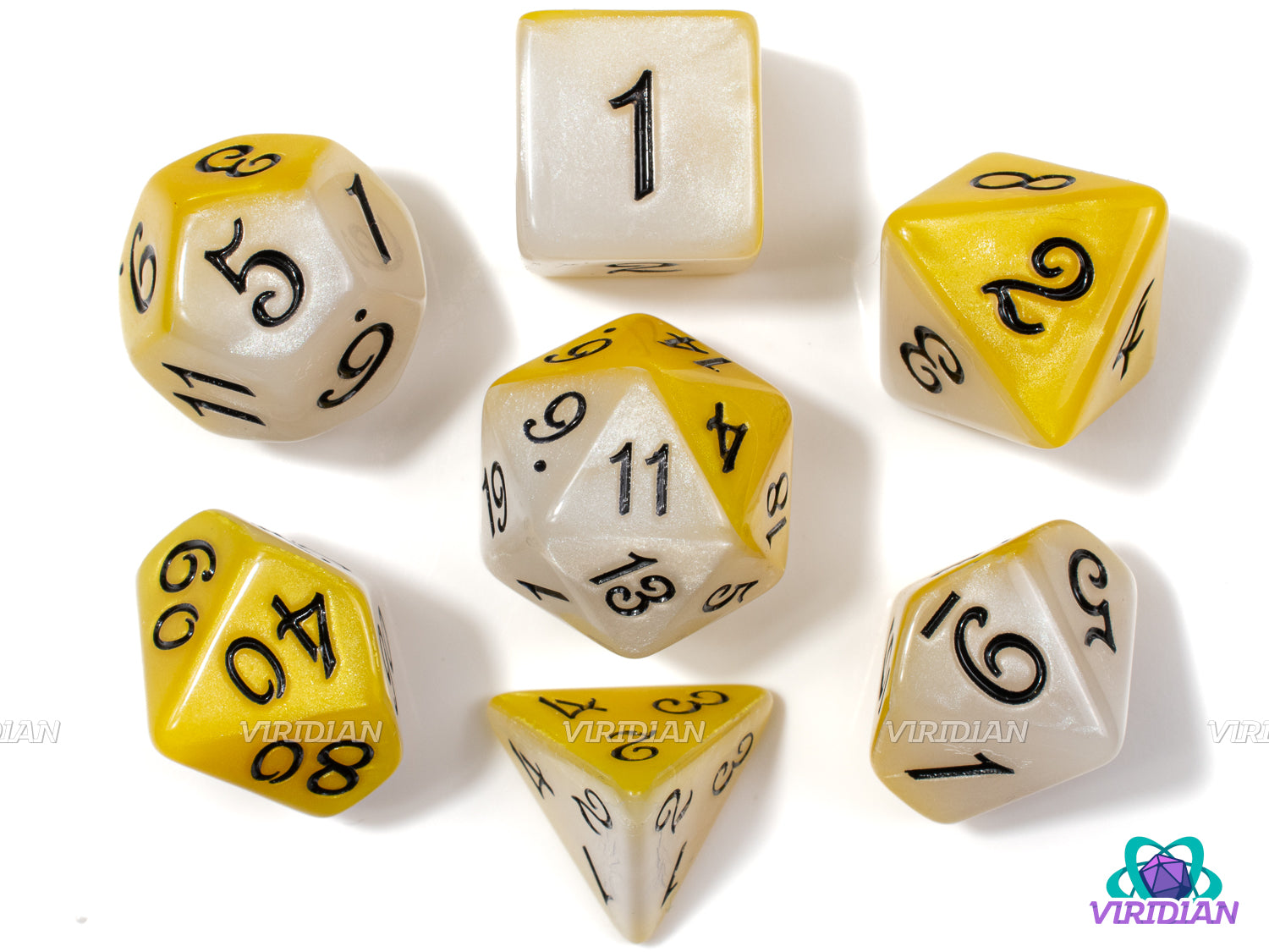 Scrambled Eggs | Half Yellow, Half White, Black Script Font | Acrylic Dice Set (7)