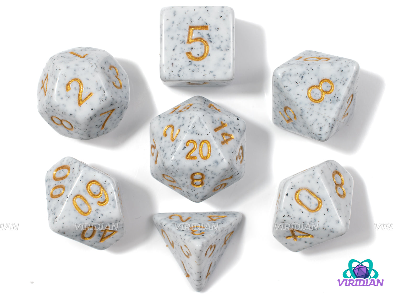 White Granite | Stone-Like White with Gray-Black Speckle, Gold-Yellow Ink | Acrylic Dice Set (7)