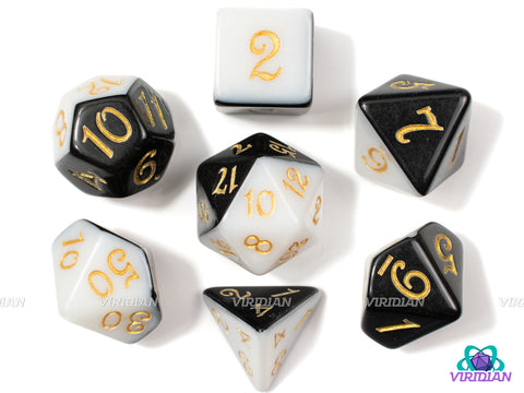 Choco Vanilla | Half Black, Half White, Script Font | Acrylic Dice Set (7)