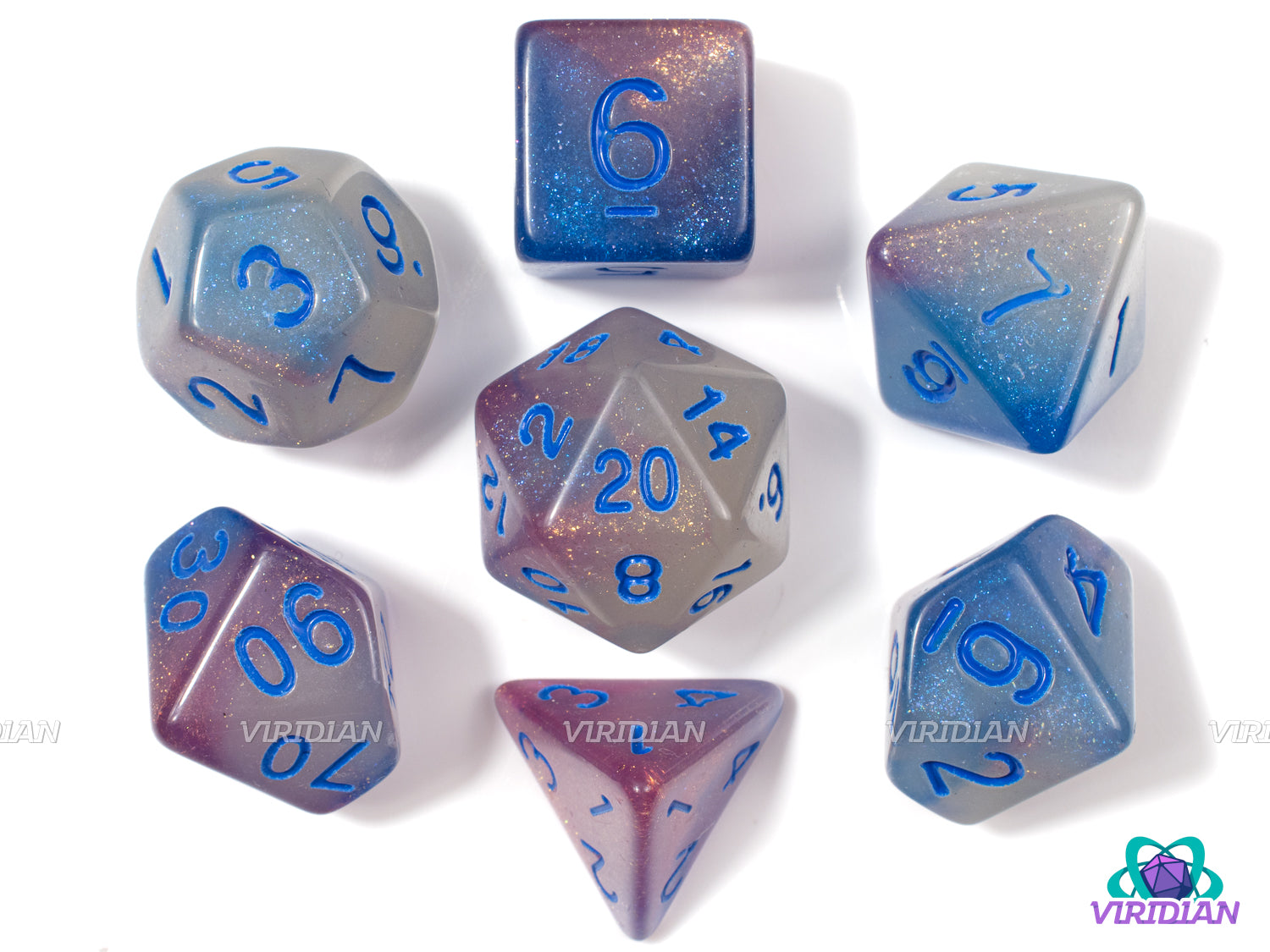 Ice Canyon | Glittery Purple, Blue, and Clear/White, Blue Ink | Acrylic Dice Set (7)